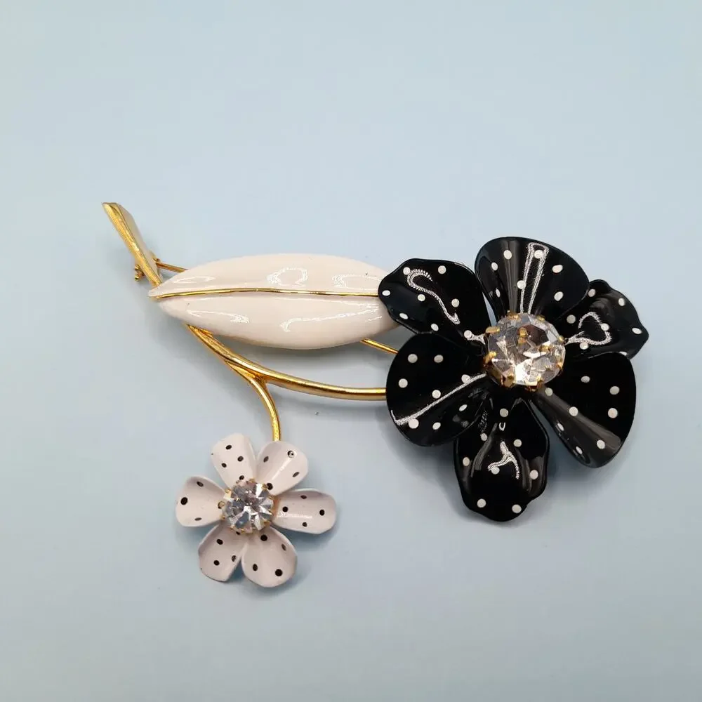 Vintage Avon Black White Dot Large Flower Brooch, 2002